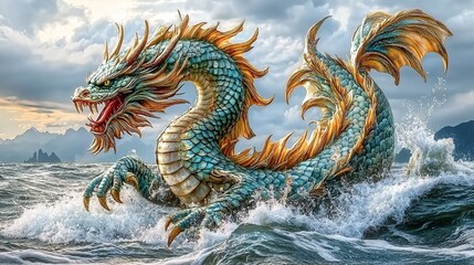Fototapeta premium Majestic dragon emerging from the sea