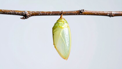 Macro Shot Of A Butterfly Chrysalis Hanging From A Brown Twig Against White Background Highlighting Translucent Green Pupa