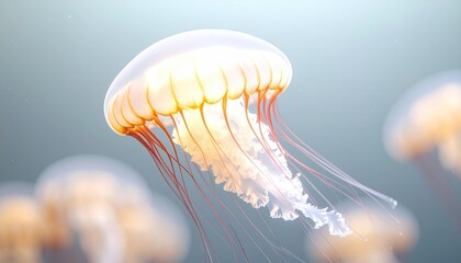 Macro Photograph Of Glowing Bioluminescent Jellyfish Illuminated In Dark Water With Flowing Tentacles And Blurred Background
