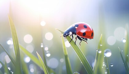 Macro Shot of a Ladybug Crawling on a Dewy Blade of Green Grass with Vibrant Red Spots in Bright Sunlight