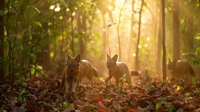 Maned wolves traverse the forest floor sunlight filtering through the trees illuminating their path