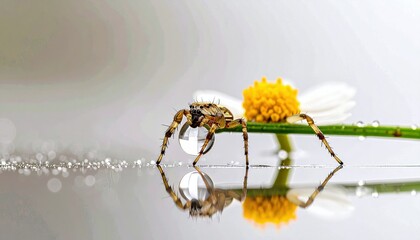 Macro Shot of Spider With Water Droplet on Leg in Natural Light Showing Detailed Textures and Reflective Surface