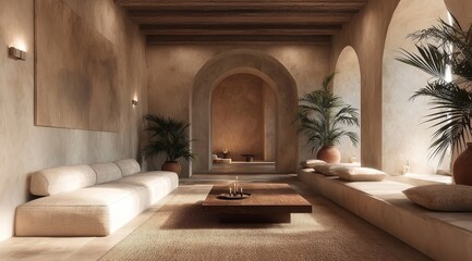 Modern Lounge with Archways and Plush Seating