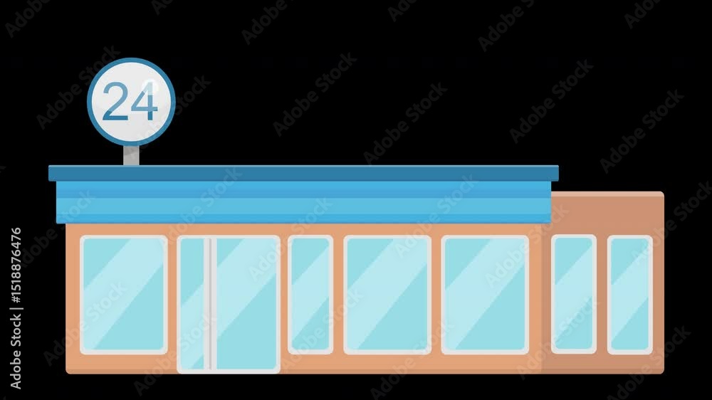 Poster stylized flat design of a storefront open 24 hours for background animation on a transparent backgro