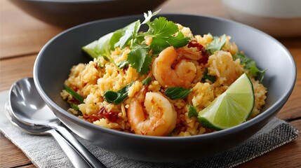 Fried rice with shrimp and lime on wooden table