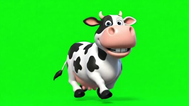 Cute Cartoon Cow with Big Smile Animated on Green Screen for Chroma Key Use