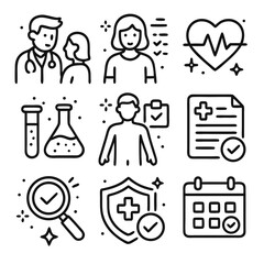 Medical checkup icons for essential healthcare services. Suitable for medical websites, brochures, posters, and presentations related to healthcare services.