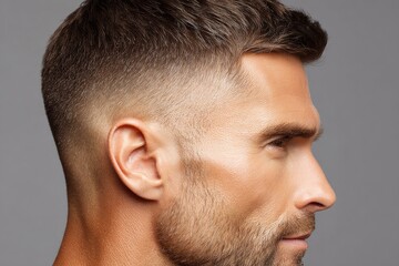 Obraz premium Close-up profile view of a man with a short haircut.