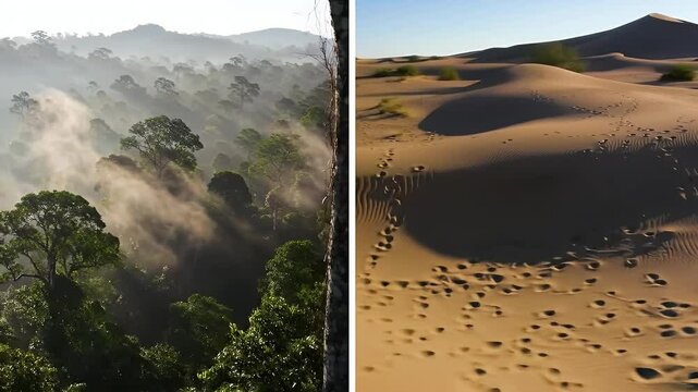 Juxtaposed scenes a dense forest with lowlying fog and a stark sandy desert with footprints