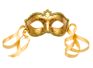 Elegant gold venetian mask with ribbons isolated on transparent background