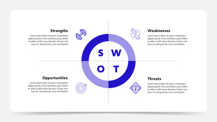 Four colorful elements with text inside placed around circle. Concept of SWOT-analysis template or strategic planning technique. Infographic design template. Vector illustration