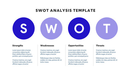 Four colorful elements with text inside placed around circle. Concept of SWOT-analysis template or strategic planning technique. Infographic design template. Vector illustration