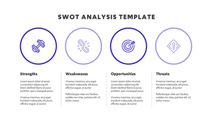 Four colorful elements with text inside placed around circle. Concept of SWOT-analysis template or strategic planning technique. Infographic design template. Vector illustration