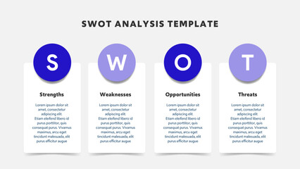 Four colorful elements with text inside placed around circle. Concept of SWOT-analysis template or strategic planning technique. Infographic design template. Vector illustration