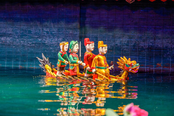 Traditional Vietnamese water puppet dolls theatre show in Hanoi, Vietnam, water puppetry doll show, in Thang Long theatre , one of the most traditional water puppet show in Hanoi, Vietnam.