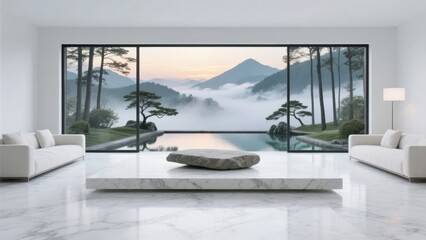 Modern living room with large windows overlooking a serene mountain landscape and misty forest