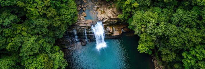 Aerial view of a waterfall cascading into a tranquil forest pool, surrounded by lush greenery