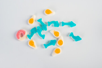 Jelly fish candies. Gummy shark, Fruit jelly mixed with sugar on a white background.