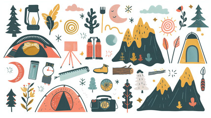 Set of fun hand drawn style outdoor camping and hiking vector design elements.