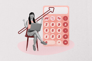 Composite sketch image design trend artwork collage of young lady sit work laptop arrow up target...