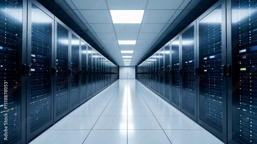 Poster symmetrical rows of server racks in a large data center, showing computers and networking equipment 