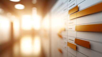 an office environment featuring a chart with orange highlights. The chart is on the right, with blurry background