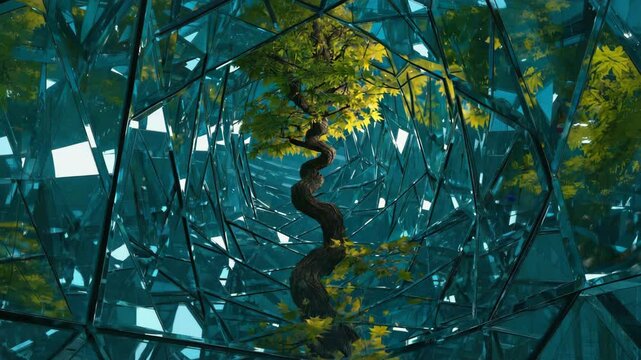 A tree growing in reverse in an infinite mirrored room, time distortion effect &mdash; abstract time loop.