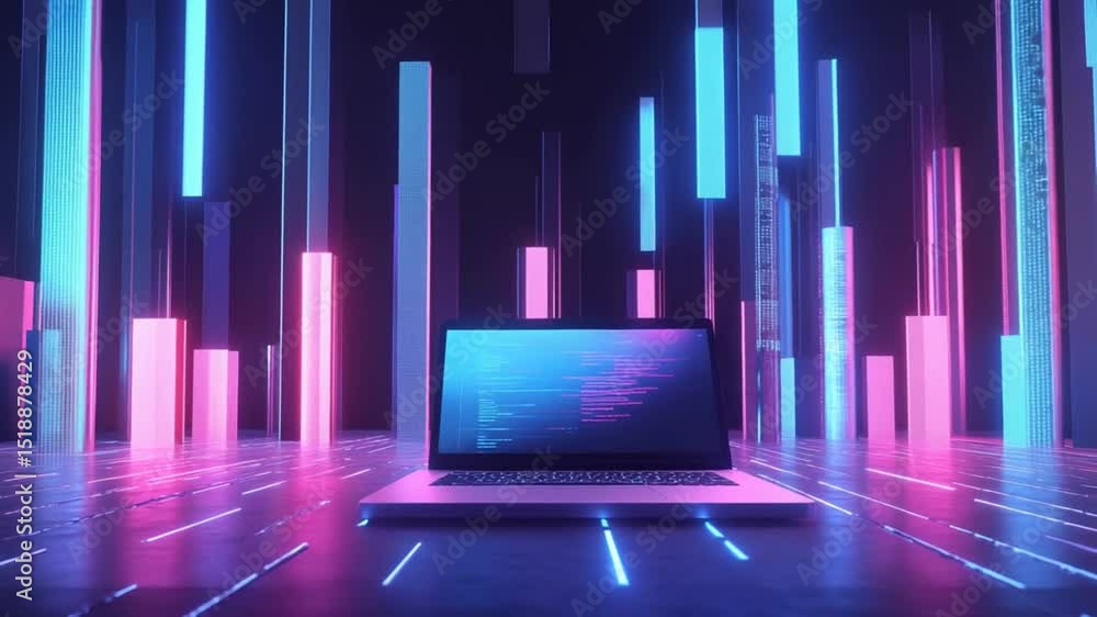 Poster abstract coding environment with laptop, futuristic design and colorful neon lights