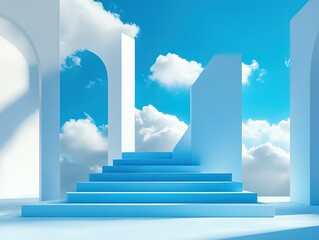 Minimalist blue-white stage set with stacked cubes and floating mist: pure abstract space for product displays or futuristic architectural visualization