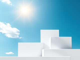 Minimalist blue-white stage set with stacked cubes and floating mist: pure abstract space for product displays or futuristic architectural visualization