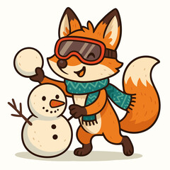 A stylish fox building a snowman with a snowball in paw.