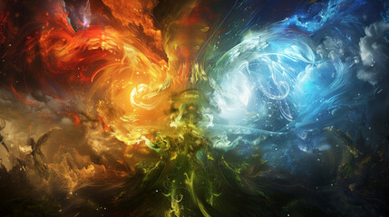 Dynamic electric blue and red lightning bolts clash against a dark background, creating a dramatic and vibrant visual effect. 