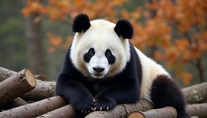 Obraz premium Panda Lying on Logs in the Forest