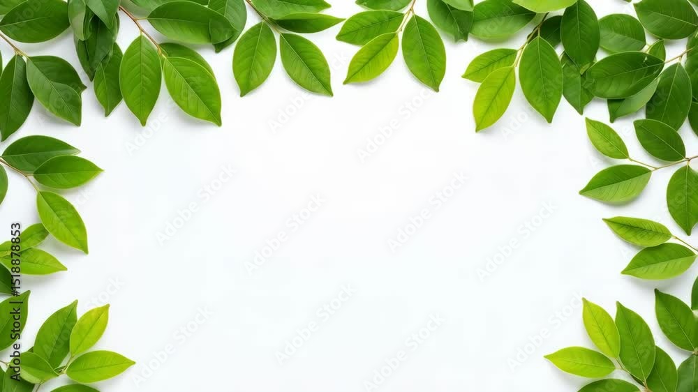 Poster elegant composition featuring symmetrical frame of green foliage branches against a clean white back