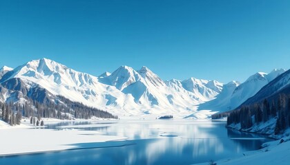 Low poly winter scene, geometric mountains, snowy peaks, icy lake ,  digital art,  frozen