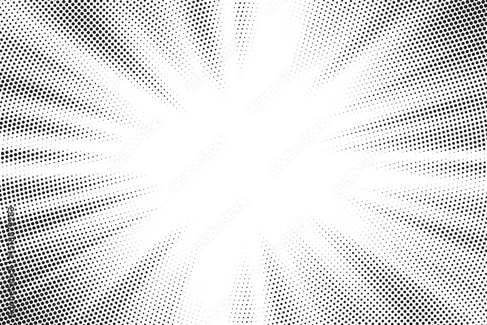 Leinwandbilder Halftone gradient sun rays pattern. Abstract halftone vector dots background. monochrome dots pattern. Vector background in comic book style with sunburst rays and halftone. Retro pop art design.