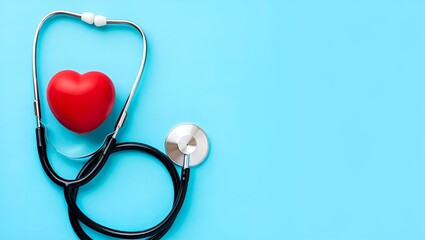 Stethoscope and red heart on blue background. Healthcare, cardiology, and medical concept. Copy space.