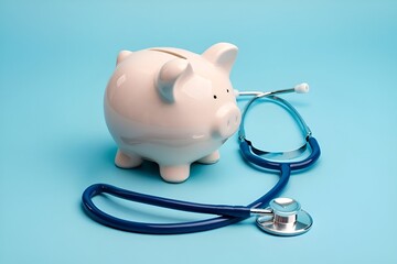 Piggy bank and stethoscope symbolize healthcare costs, savings, and financial planning on blue background.