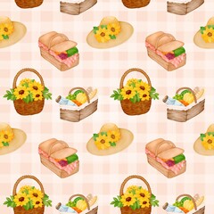 Seamless Picnic Basket and Summer Hat Pattern