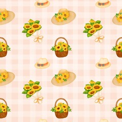 Seamless Picnic Sunflower and Hat Pattern