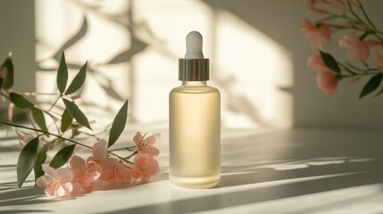 Naklejka premium Natural Facial Serum Bottle with Flowers and Sunlight