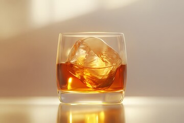 Close up of a glass with whiskey and a large ice cube on a reflective surface in a warm light