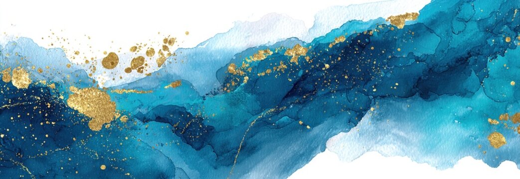 Modern watercolor background or elegant card design for birthday invite or wedding or menu with abstract blue ink waves and golden splashes on a white. High quality