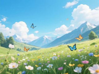 Fototapeta premium Butterflies flutter over a vibrant meadow filled with wildflowers under a clear blue sky with distant mountains.