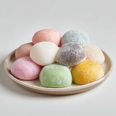 Colorful Assorted Mochi Rice Cakes on Ceramic Plate Isolated on White Background