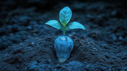 A small plant sprouts from a recycled lightbulb in the earth