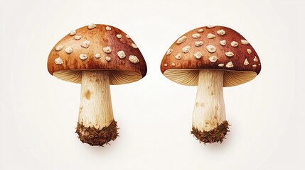 Pair of Amanita Muscaria Mushrooms: A Detailed Watercolor Illustration