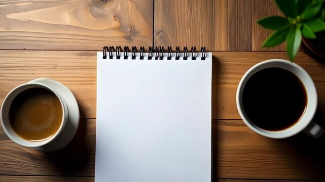 Overhead shot featuring a blank spiral notebook, coffee cups, and potted plant on a rustic wooden surface. Minimalist workplace arrangement