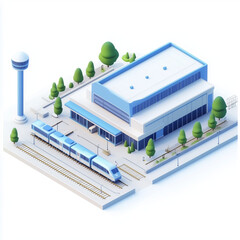 Abstract 3D rendering of a train and logistics center featuring urban architecture with blue and white,  symbolizing transportation efficiency and technological innovation in supply chain management