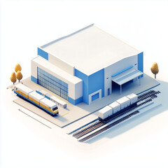 Abstract 3D rendering of a train and logistics center featuring urban architecture with blue and white,  symbolizing transportation efficiency and technological innovation in supply chain management